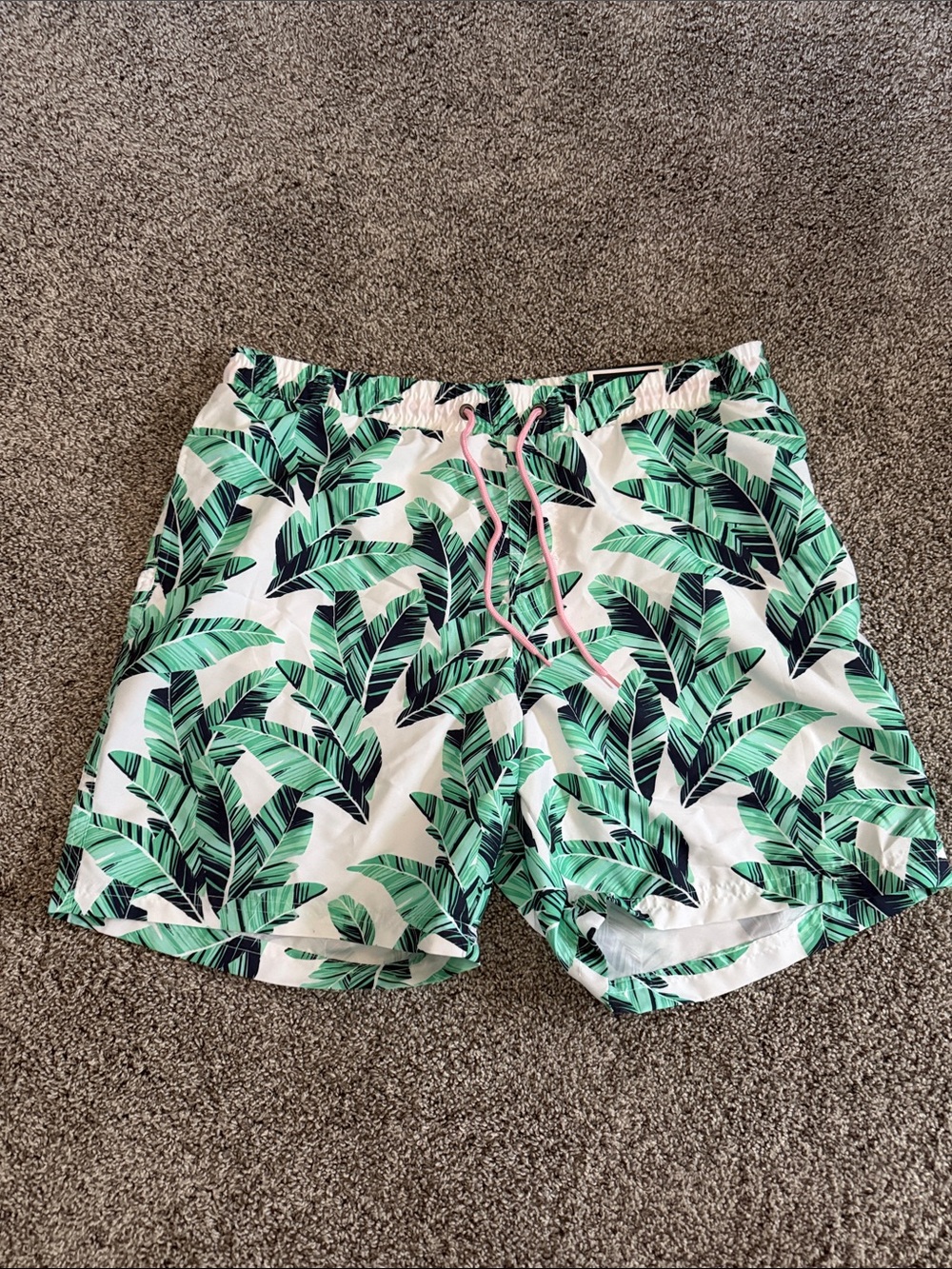 Club Room White Swim Trunks with Green Leaf Print and Pink Drawstring